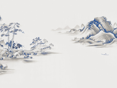  中式山水壁画壁纸  新中式山水壁画壁纸 