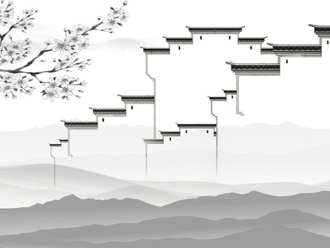  中式山水壁画壁纸  新中式山水楼阁背景墙 