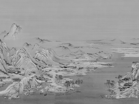  中式山水壁画壁纸  新中式山水背景墙 