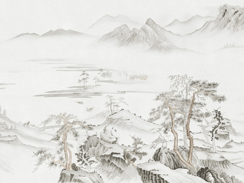  中式山水壁画壁纸  新中式山水壁画 