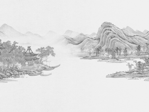  中式山水壁画壁纸  新中式山水壁画 