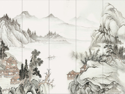  中式山水壁画壁纸  新中式山水壁画 