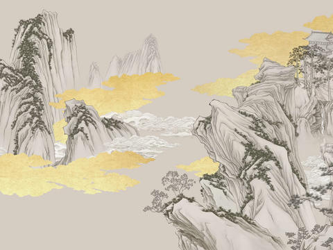  中式山水壁画壁纸  新中式山水楼阁背景墙 