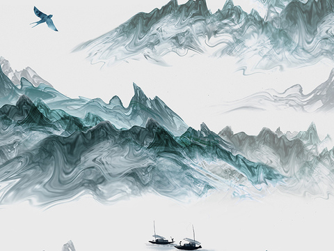  中式山水 水墨 书法字画 