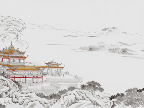  中式山水壁纸壁画  新中式山水楼阁壁纸壁画 
