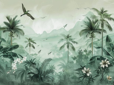  欧式田园热带雨林棕榈植物壁纸壁画 