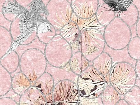  新中式法式粉色花鸟地毯 