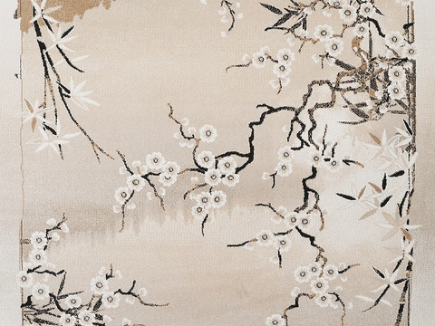  新中式暖灰梅花毛绒地毯 