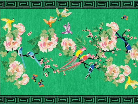  新中式法式绿色花鸟地毯 