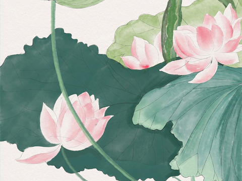  水彩画  荷花 莲花  鱼 