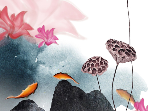  水彩画  荷花 莲花  鱼 