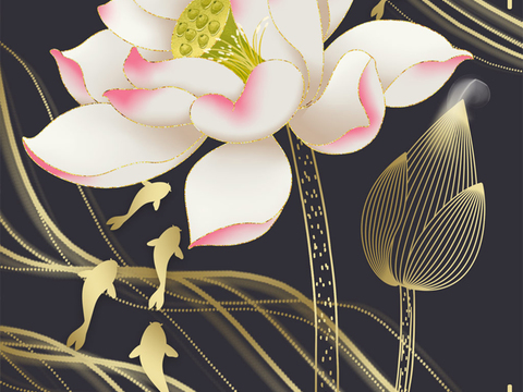  水彩画  荷花 莲花  鱼 