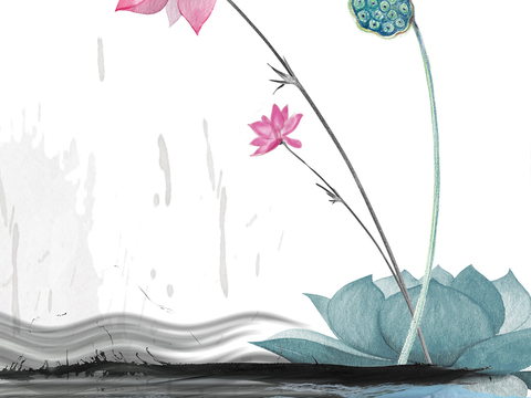  水彩画  荷花 莲花  鱼 