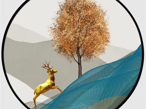  新中式圆形福鹿临门装饰画壁画 