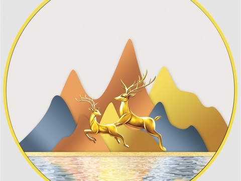  新中式圆形福鹿临门装饰画壁画 