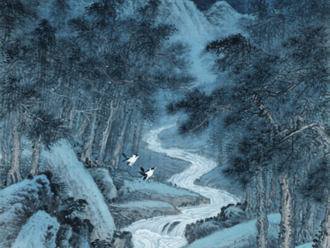  中古侘寂宋代美學(xué)山水國(guó)畫(huà) 山峰云霧圍繞水墨山水畫(huà) 