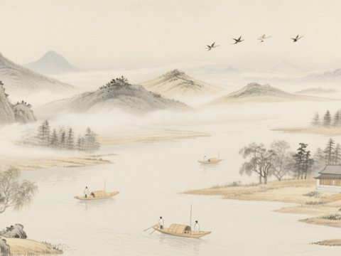  中古侘寂宋代美學(xué)山水國(guó)畫(huà) 山峰云霧圍繞水墨山水畫(huà) 