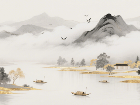  中古侘寂宋代美學(xué)山水國(guó)畫(huà) 山峰云霧圍繞水墨山水畫(huà) 