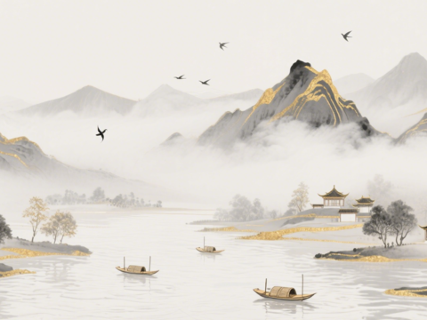  中古侘寂宋代美學(xué)山水國(guó)畫(huà) 山峰云霧圍繞水墨山水畫(huà) 