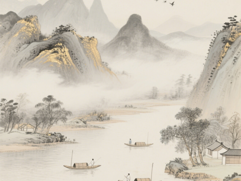  中古侘寂宋代美學(xué)山水國(guó)畫(huà) 山峰云霧圍繞水墨山水畫(huà) 