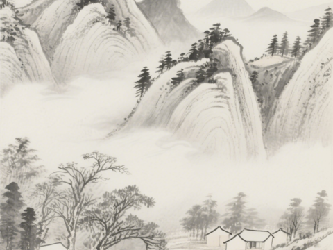  中古侘寂宋代美學(xué)山水國(guó)畫(huà) 山峰云霧圍繞水墨山水畫(huà) 