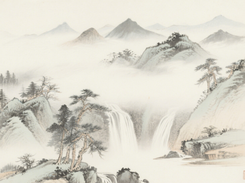  中古侘寂宋代美學(xué)山水國(guó)畫(huà) 山峰云霧圍繞水墨山水畫(huà) 