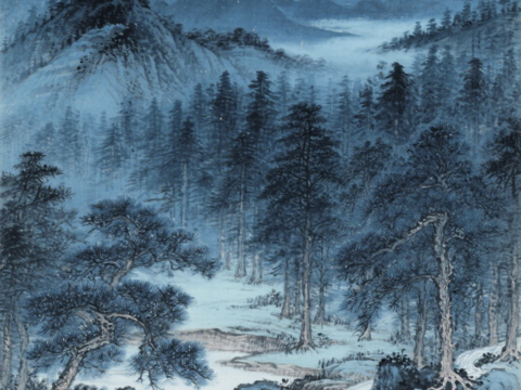  中古侘寂宋代美學(xué)山水國(guó)畫(huà) 山峰云霧圍繞水墨山水畫(huà) 
