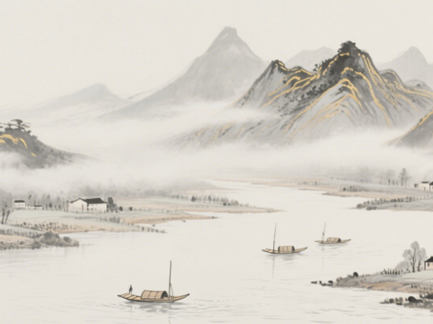  中古侘寂宋代美學(xué)山水國(guó)畫(huà) 山峰云霧圍繞水墨山水畫(huà) 