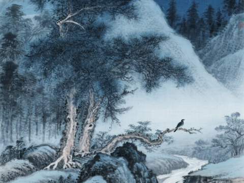  中古侘寂宋代美學(xué)山水國(guó)畫(huà) 山峰云霧圍繞水墨山水畫(huà) 