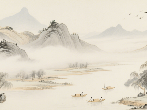  中古侘寂宋代美學(xué)山水國(guó)畫(huà) 山峰云霧圍繞水墨山水畫(huà) 