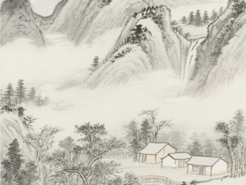  中古侘寂宋代美學(xué)山水國(guó)畫(huà) 山峰云霧圍繞水墨山水畫(huà) 