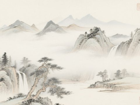  中古侘寂宋代美學(xué)山水國(guó)畫(huà) 山峰云霧圍繞水墨山水畫(huà) 