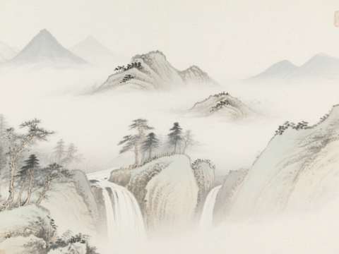 中古侘寂宋代美學(xué)山水國(guó)畫(huà) 山峰云霧圍繞水墨山水畫(huà) 