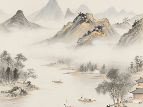  中古侘寂宋代美學(xué)山水國(guó)畫(huà) 山峰云霧圍繞水墨山水畫(huà) 