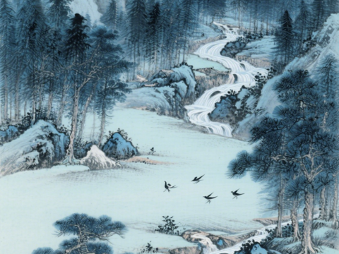  中古侘寂宋代美學(xué)山水國(guó)畫(huà) 山峰云霧圍繞水墨山水畫(huà) 