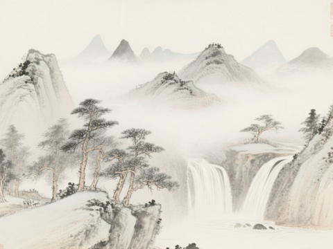  中古侘寂宋代美學(xué)山水國(guó)畫(huà) 山峰云霧圍繞水墨山水畫(huà) 