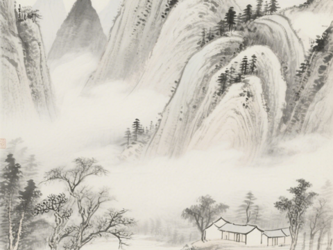  中古侘寂宋代美學(xué)山水國(guó)畫(huà) 山峰云霧圍繞水墨山水畫(huà) 