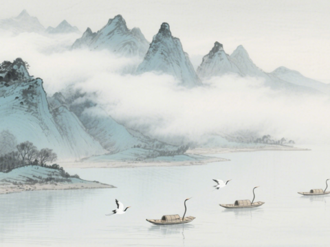  中古侘寂宋代美學(xué)山水國(guó)畫(huà) 山峰云霧圍繞水墨山水畫(huà) 