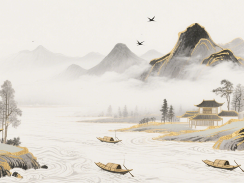  中古侘寂宋代美學(xué)山水國(guó)畫(huà) 山峰云霧圍繞水墨山水畫(huà) 