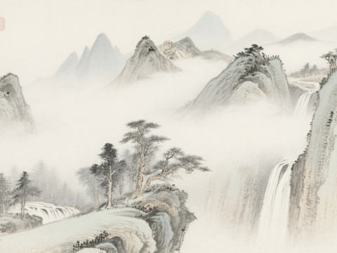  中古侘寂宋代美學(xué)山水國(guó)畫(huà) 山峰云霧圍繞水墨山水畫(huà) 