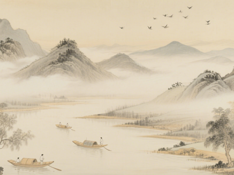 中古侘寂宋代美學(xué)山水國(guó)畫(huà) 山峰云霧圍繞水墨山水畫(huà) 