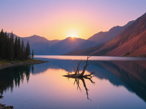  风景 黄昏 夕阳 湖面 山脉 