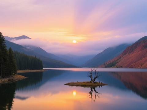  黄昏 夕阳 湖面 山脉 