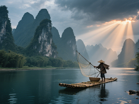  风景 黄昏 夕阳 湖面 山脉 