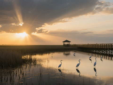  风景 黄昏 夕阳 湖面 
