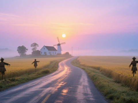  黄昏 夕阳 马路 稻田 