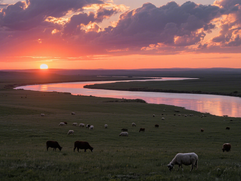  风景 黄昏 夕阳 农田 草原 