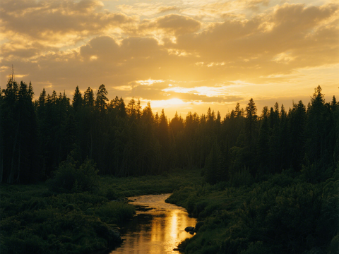  黄昏 夕阳 森林 湖面 