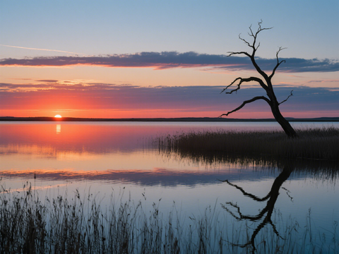  黄昏 夕阳 湖面 