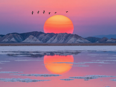  风景 黄昏 夕阳 湖面 山脉 